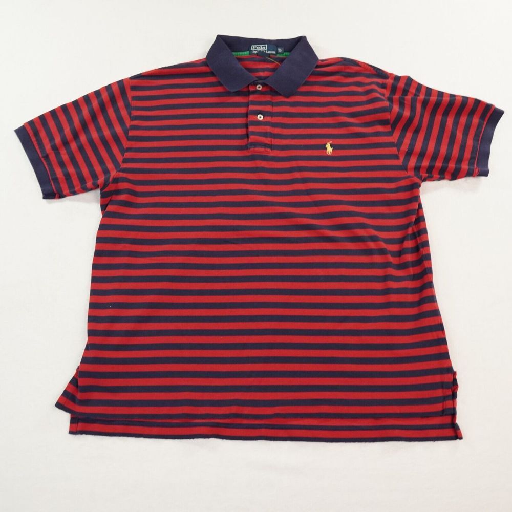 Vintage Polo Ralph Lauren Shirt‎ Mens 1XL BIG Red Navy Blue Striped Polo READ